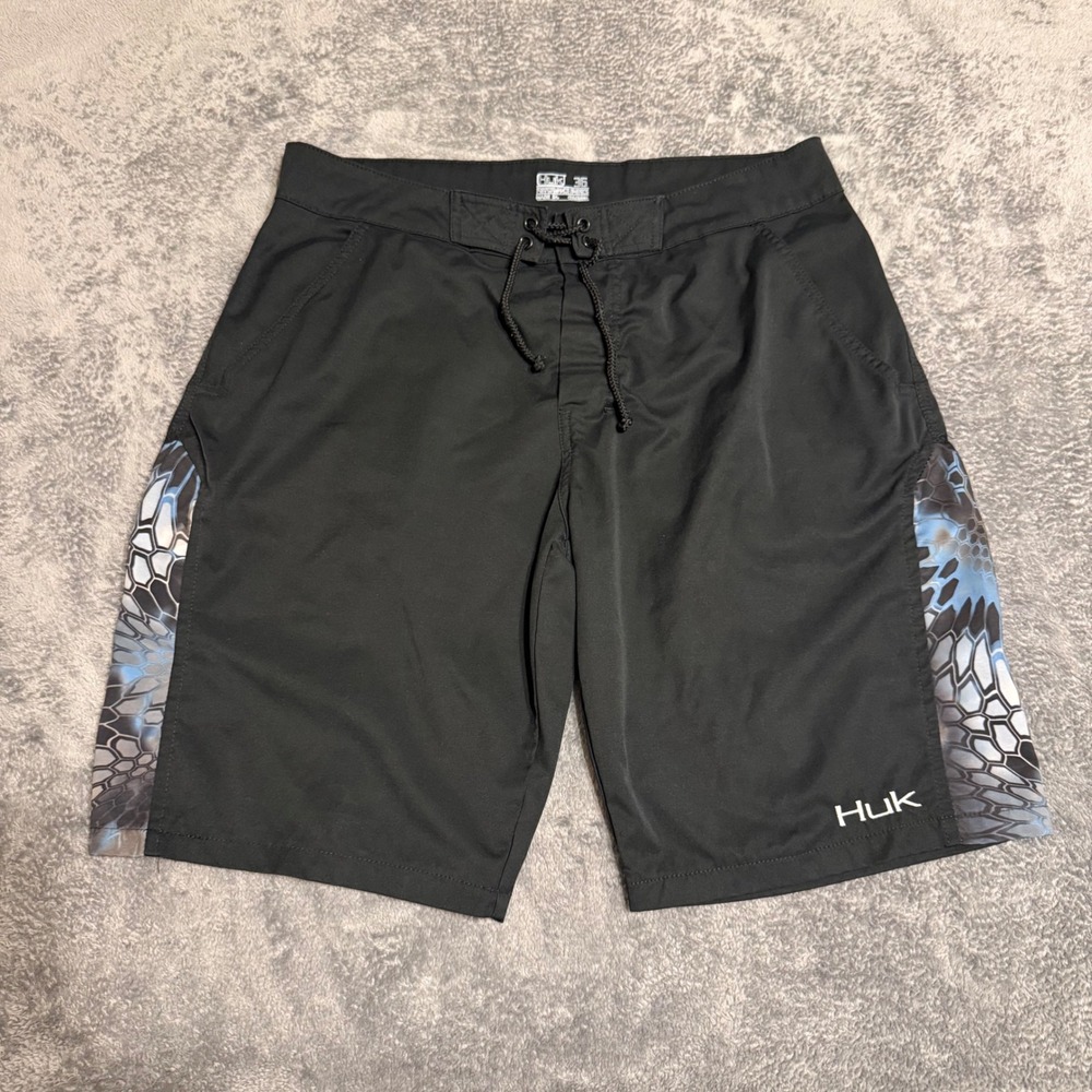 HUK Performance Board Shorts Black Mens Size 36 Water Camo‎ Side Panels Fishing